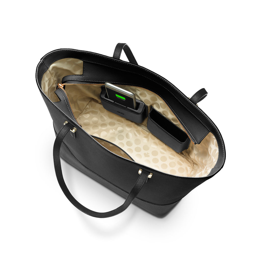 Everpurse Kate Spade Small Harmony Black Leather Tote: Purse that Charges Phone Top View and Open View while Charging iPhone